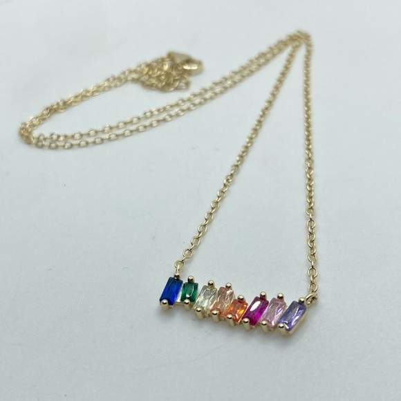 Sterling Silver Gold Plated Rainbow Cz Stone Bar Pendant Necklace Approx 16” - Picture 2 of 8